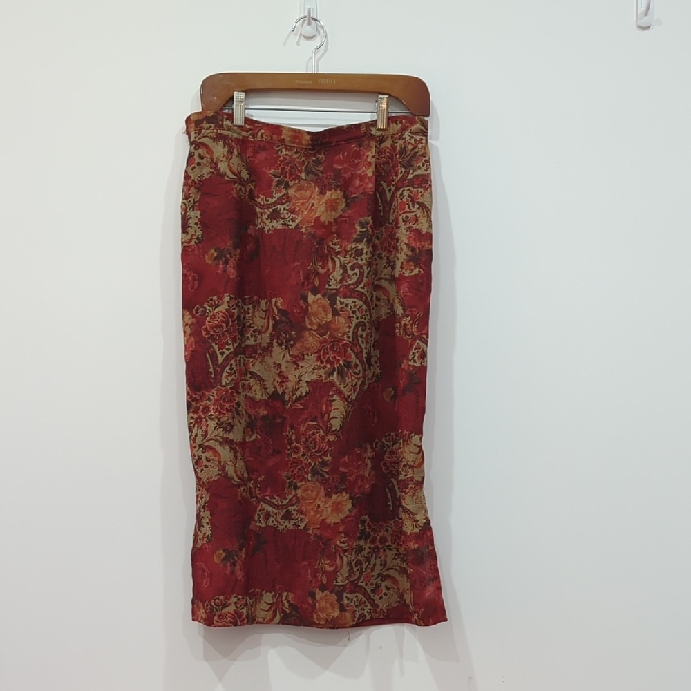 Vintage Paisley And Flower Pattern Burnt Orange Polyester Skirt 90's